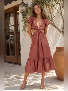 En Saison Lana Rust Brown vegan Leather Look Knot Front Cutout Ruffle Hem Dress